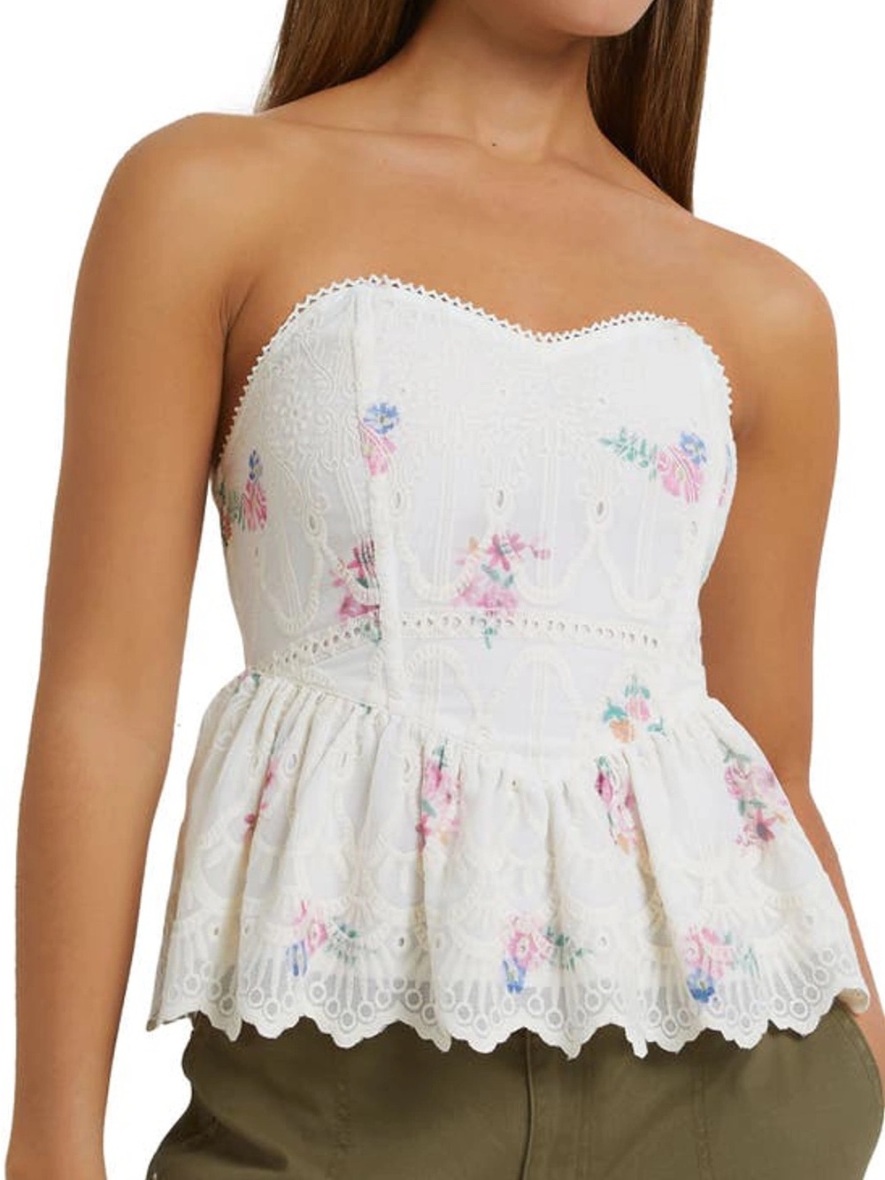 Broderie Strapless Floral Print Peplum Top In Cream